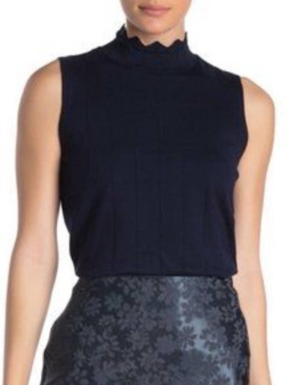 Cyrus Scalloped Mock Neck Sleeveless Top in Navy